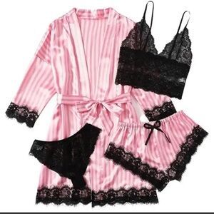 Pajama set size medium shorts bra lingerie pink black women 4 piece set robe